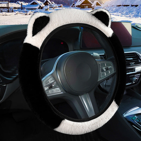Black Stitching White Plush Cat Ear Steering Wheel Cover Cute & Fuzzy Winter Grip Universal 38Cm Fit Steering Wheel Covers