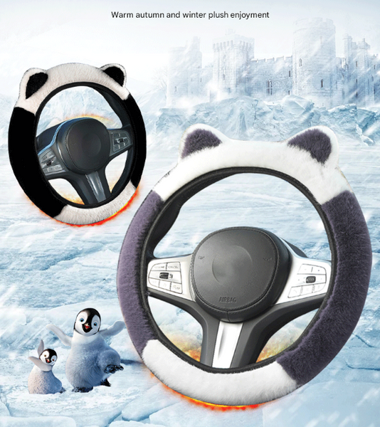 Black Stitching White Plush Cat Ear Steering Wheel Cover Cute & Fuzzy Winter Grip Universal 38Cm Fit Steering Wheel Covers