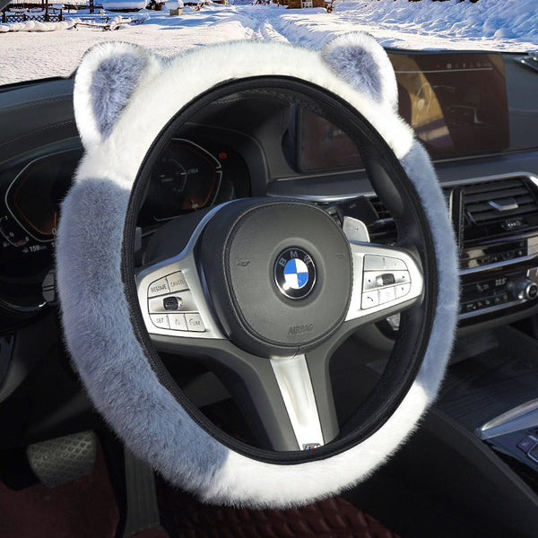 Blue Stitching White Plush Cat Ear Steering Wheel Cover Cute & Fuzzy Winter Grip Universal 38Cm Fit Steering Wheel Covers