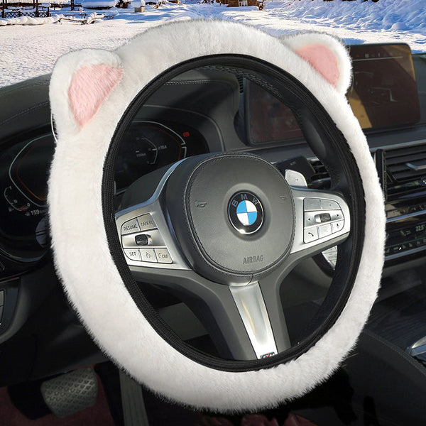 White Plush Cat Ear Steering Wheel Cover Cute & Fuzzy Winter Grip Universal 38Cm Fit Steering Wheel Covers