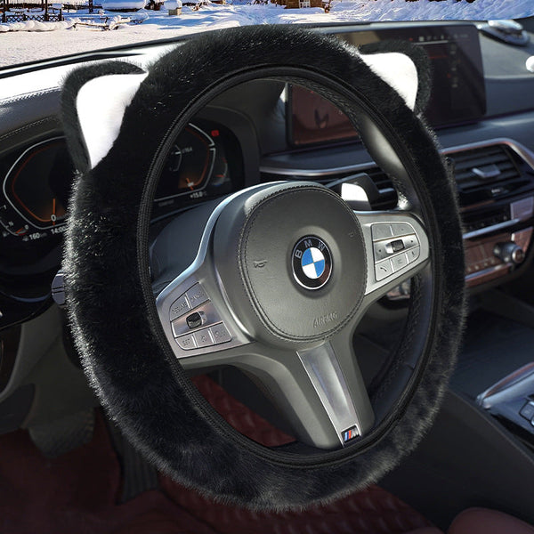 Black Plush Cat Ear Steering Wheel Cover Cute & Fuzzy Winter Grip Universal 38Cm Fit Steering Wheel Covers
