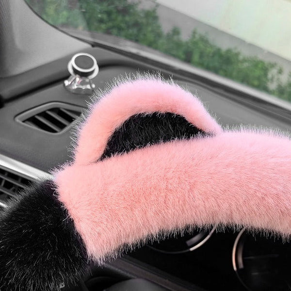 Black Plush Cat Ear Steering Wheel Cover Cute & Fuzzy Winter Grip Universal 38Cm Fit Steering Wheel Covers