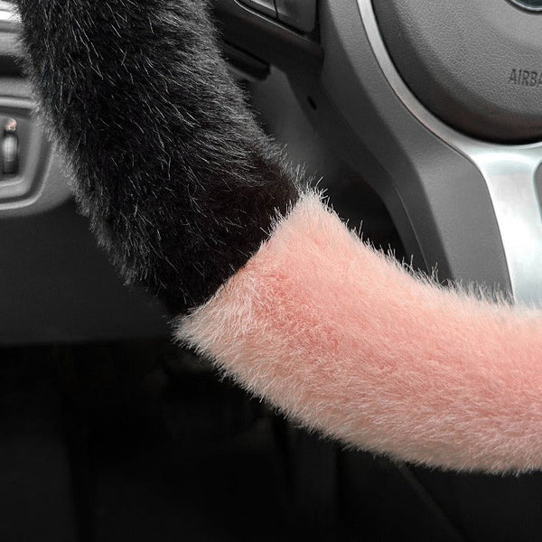 Black Plush Cat Ear Steering Wheel Cover Cute & Fuzzy Winter Grip Universal 38Cm Fit Steering Wheel Covers