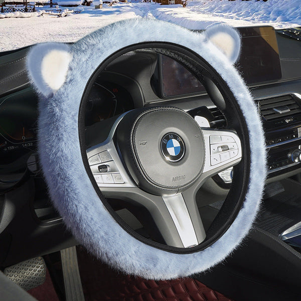 Blue Plush Cat Ear Steering Wheel Cover Cute & Fuzzy Winter Grip Universal 38Cm Fit Steering Wheel Covers
