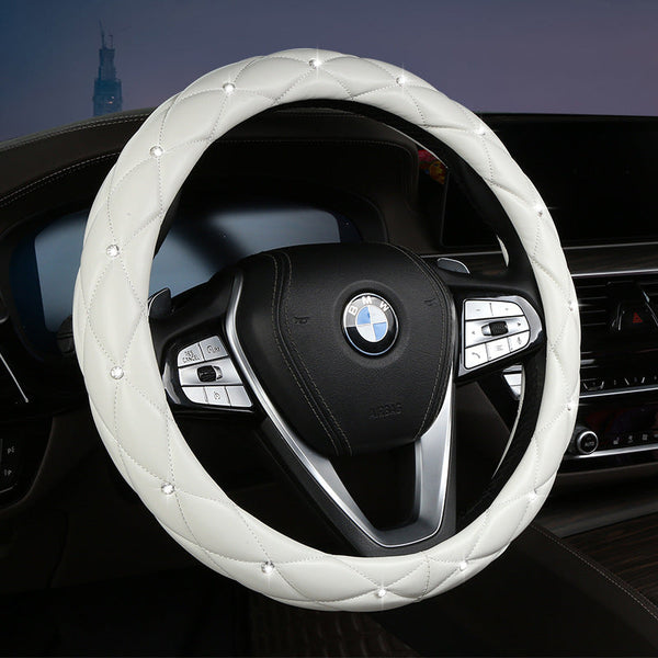 White Luxury Bling Steering Wheel Cover Black Quilted Leather With Crystal Rhinestones Universal 38Cm Fit Steering Wheel Covers