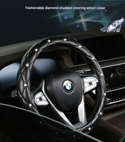 White Luxury Bling Steering Wheel Cover Black Quilted Leather With Crystal Rhinestones Universal 38Cm Fit Steering Wheel Covers