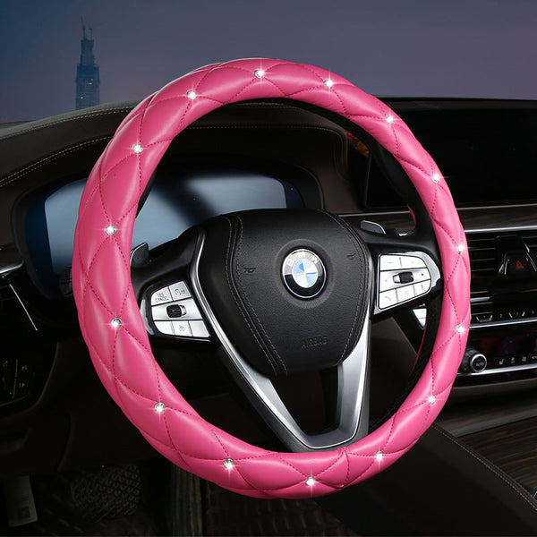 Rose Red Luxury Bling Steering Wheel Cover Black Quilted Leather With Crystal Rhinestones Universal 38Cm Fit Steering Wheel Covers