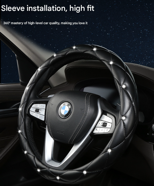 Rose Red Luxury Bling Steering Wheel Cover Black Quilted Leather With Crystal Rhinestones Universal 38Cm Fit Steering Wheel Covers