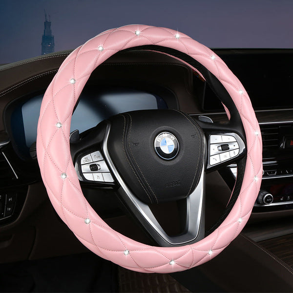Pink Luxury Bling Steering Wheel Cover Black Quilted Leather With Crystal Rhinestones Universal 38Cm Fit Steering Wheel Covers