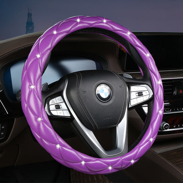 Purple Luxury Bling Steering Wheel Cover Black Quilted Leather With Crystal Rhinestones Universal 38Cm Fit Steering Wheel Covers