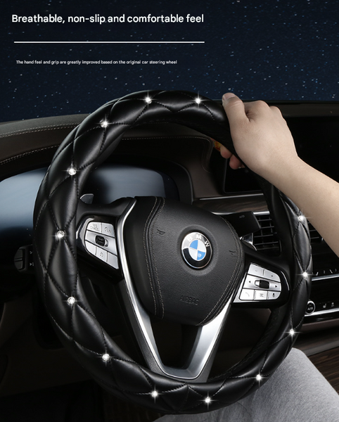 Purple Luxury Bling Steering Wheel Cover Black Quilted Leather With Crystal Rhinestones Universal 38Cm Fit Steering Wheel Covers