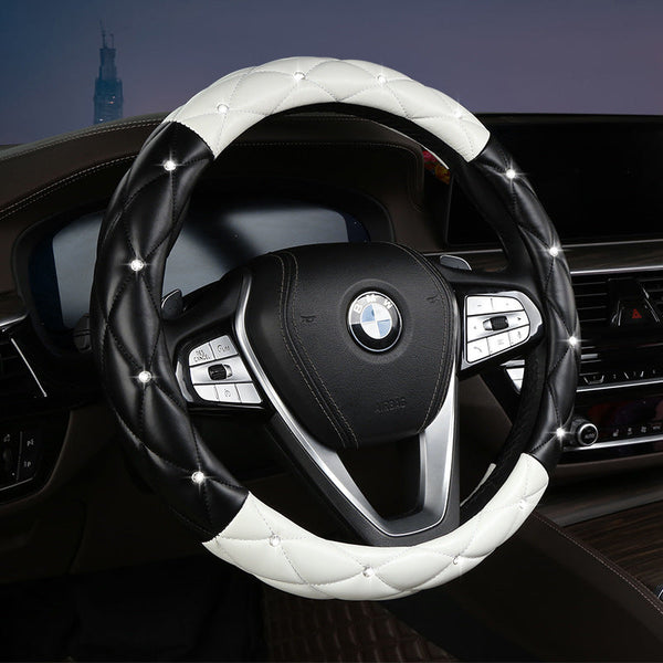 Black And White Luxury Bling Steering Wheel Cover Quilted Leather With Crystal Rhinestones Universal 38Cm Fit Steering Wheel Covers