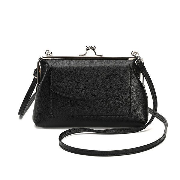Black Women's Vintage Kiss Lock Crossbody Bag Pu Leather Clutch Purse With Detachable Strap Women's Bags & Handbags