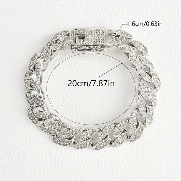 Silver 16Mm Iced Out Cuban Link Bracelet Heavy Paved Rhinestone Hip Hop Chain For Men Bracelets