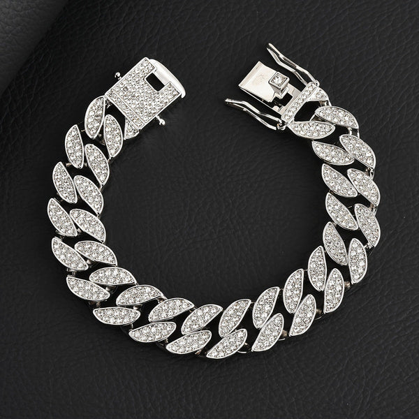 Silver 16Mm Iced Out Cuban Link Bracelet Heavy Paved Rhinestone Hip Hop Chain For Men Bracelets