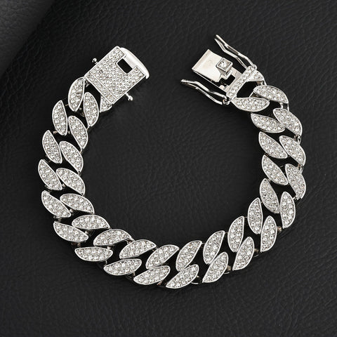 Silver 16Mm Iced Out Cuban Link Bracelet Heavy Paved Rhinestone Hip Hop Chain For Men Bracelets
