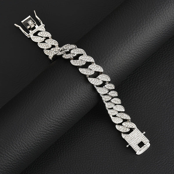 Silver 16Mm Iced Out Cuban Link Bracelet Heavy Paved Rhinestone Hip Hop Chain For Men Bracelets