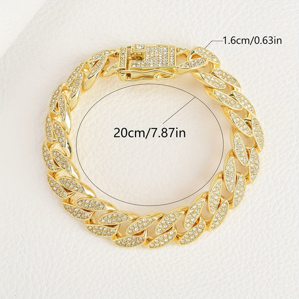 Gold 16Mm Iced Out Cuban Link Bracelet Heavy Paved Rhinestone Hip Hop Chain For Men Bracelets