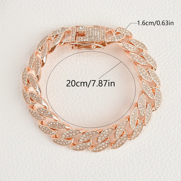 Rose Gold 16Mm Iced Out Cuban Link Bracelet Heavy Paved Rhinestone Hip Hop Chain For Men Bracelets