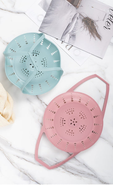 Small Pink Flexible Silicone Steamer Basket With Heat Resistant Handles Food Grade Vegetable Insert For Pots & Pans Steamers