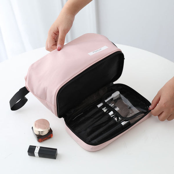 Pink Chic Dual Compartment Makeup & Toiletry Bag Large Capacity Travel Organizer With Brush Holder Makeup Bags & Cases
