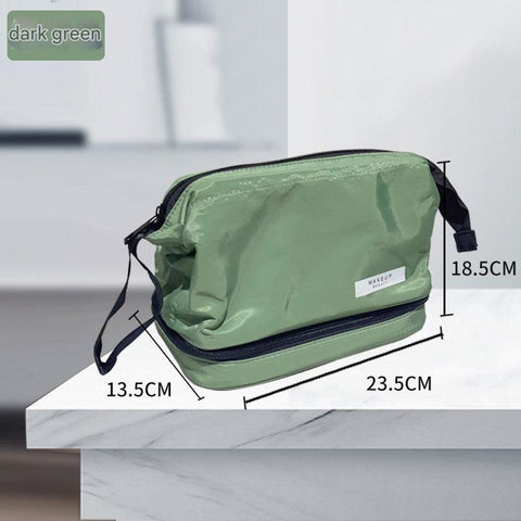 Dark Green Chic Dual Compartment Makeup & Toiletry Bag Large Capacity Travel Organizer With Brush Holder Makeup Bags & Cases