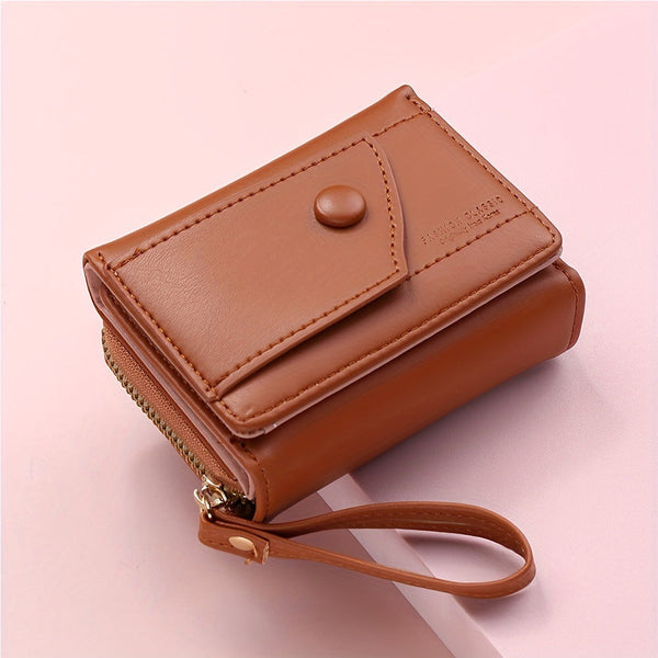 Brown Chic Compact Trifold Wallet For Women Pu Leather Card Holder With Zipper Coin Purse & Wristlet Strap Wallets