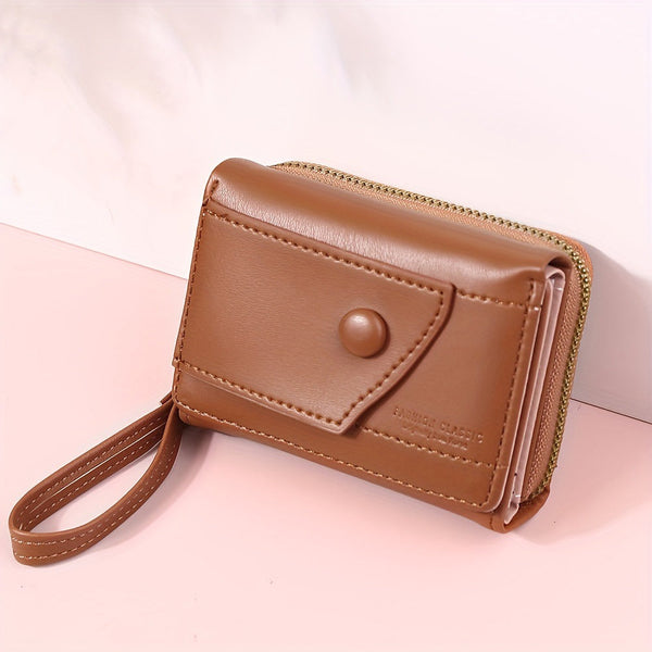 Brown Chic Compact Trifold Wallet For Women Pu Leather Card Holder With Zipper Coin Purse & Wristlet Strap Wallets