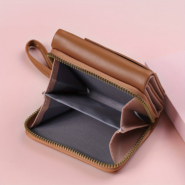 Brown Chic Compact Trifold Wallet For Women Pu Leather Card Holder With Zipper Coin Purse & Wristlet Strap Wallets