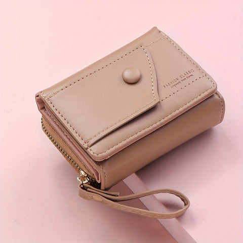 Khaki Chic Compact Trifold Wallet For Women Pu Leather Card Holder With Zipper Coin Purse & Wristlet Strap Wallets