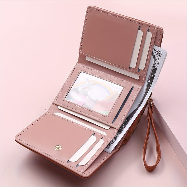 Purple Chic Compact Trifold Wallet For Women Leather Card Holder With Zipper Coin Purse & Wristlet Strap Wallets