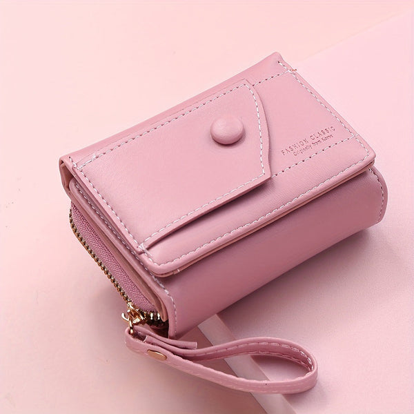 Pink Chic Compact Trifold Wallet For Women Pu Leather Card Holder With Zipper Coin Purse & Wristlet Strap Wallets