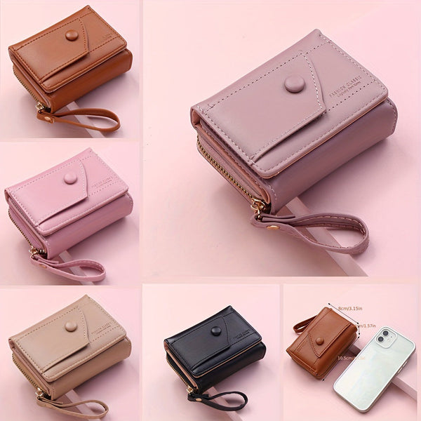 Pink Chic Compact Trifold Wallet For Women Pu Leather Card Holder With Zipper Coin Purse & Wristlet Strap Wallets