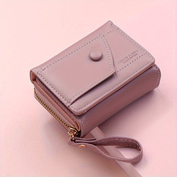 Pink Chic Compact Trifold Wallet For Women Pu Leather Card Holder With Zipper Coin Purse & Wristlet Strap Wallets