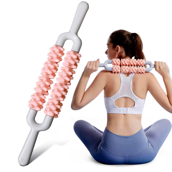 Pink And Grey Dual Row Spiky Muscle Roller Stick Deep Tissue Massager For Back Leg Recovery Massagers