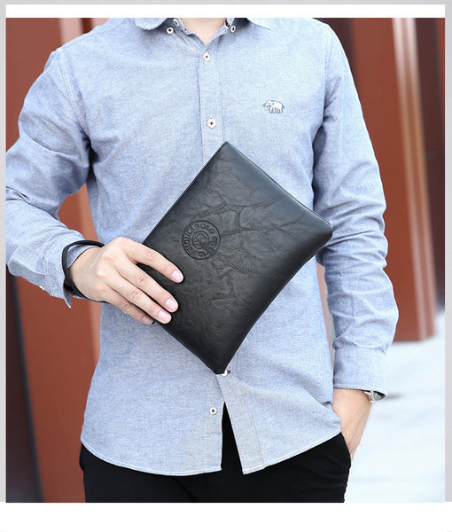 Black Classic Men's Pu Leather Clutch Bag Slim Business Wristlet & Travel Pouch Bags