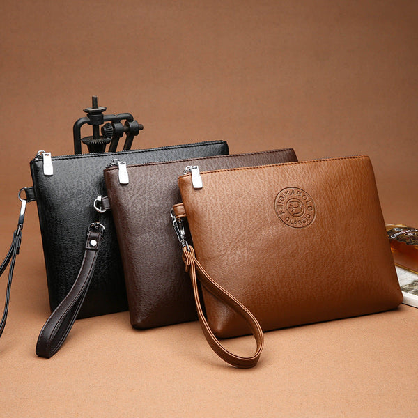 Brown Classic Men's Pu Leather Clutch Bag Slim Business Wristlet & Travel Pouch Bags