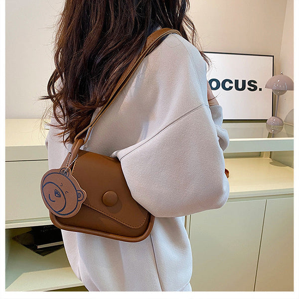 Brown Chic Pu Leather Crossbody Bag With Cute Bear Charm Adjustable Strap Shoulder Purse Women's Bags & Handbags