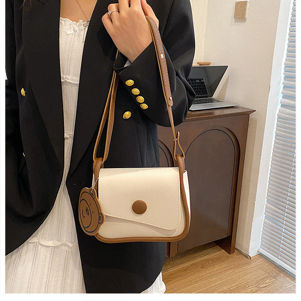 White And Brown Chic Pu Leather Crossbody Bag With Cute Bear Charm Adjustable Strap Shoulder Purse Women's Bags & Handbags