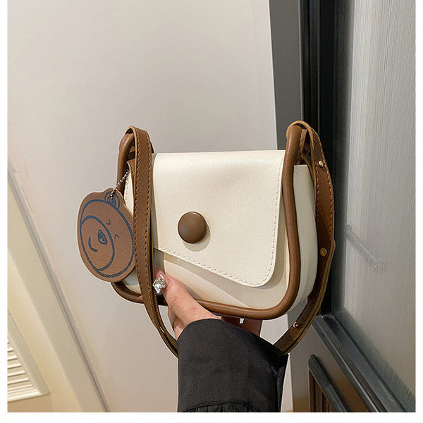 White And Brown Chic Pu Leather Crossbody Bag With Cute Bear Charm Adjustable Strap Shoulder Purse Women's Bags & Handbags