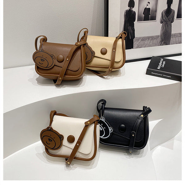 White And Brown Chic Pu Leather Crossbody Bag With Cute Bear Charm Adjustable Strap Shoulder Purse Women's Bags & Handbags