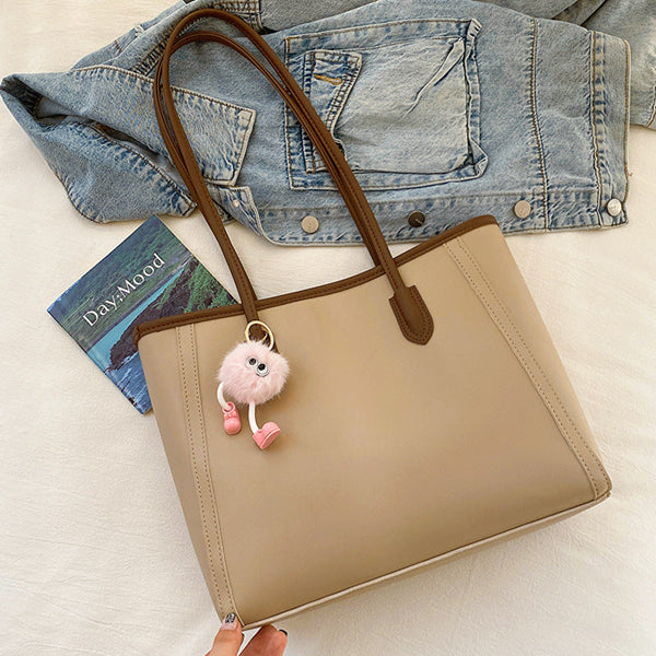 Khaki And Brown Chic Large Capacity Tote Bag Pu Leather Commuter Shoulder Handbag For Women Women's Bags & Handbags
