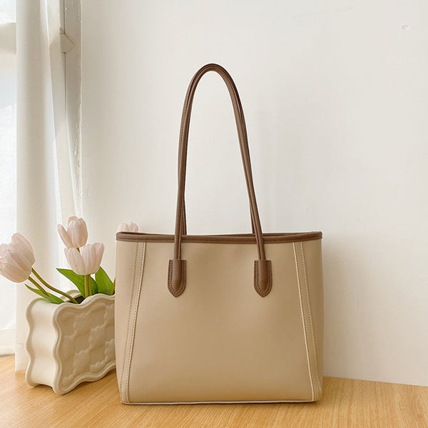 Khaki And Brown Chic Large Capacity Tote Bag Pu Leather Commuter Shoulder Handbag For Women Women's Bags & Handbags