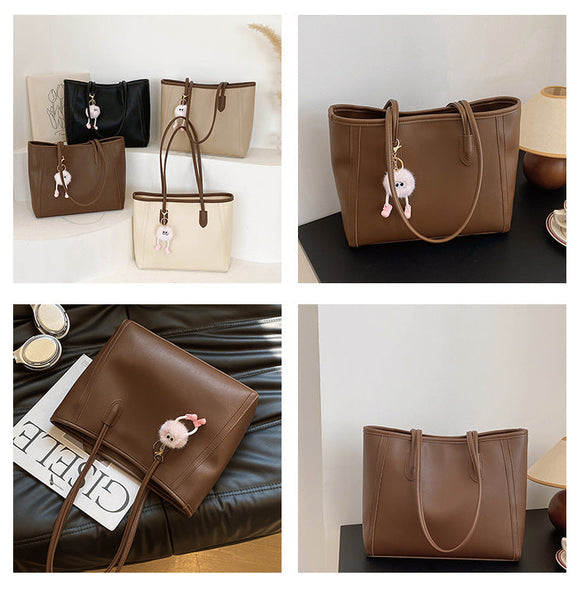 Khaki And Brown Chic Large Capacity Tote Bag Pu Leather Commuter Shoulder Handbag For Women Women's Bags & Handbags