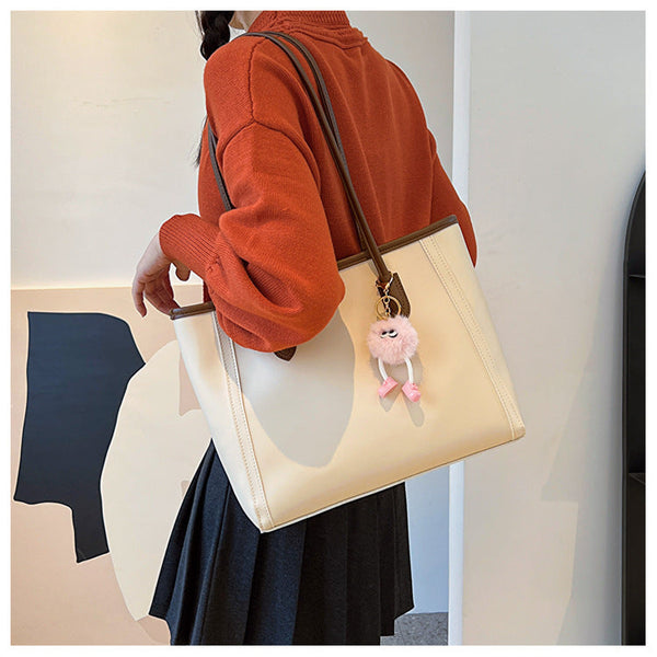 Khaki And Brown Chic Large Capacity Tote Bag Pu Leather Commuter Shoulder Handbag For Women Women's Bags & Handbags