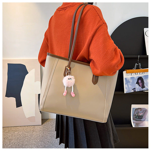 Khaki And Brown Chic Large Capacity Tote Bag Pu Leather Commuter Shoulder Handbag For Women Women's Bags & Handbags