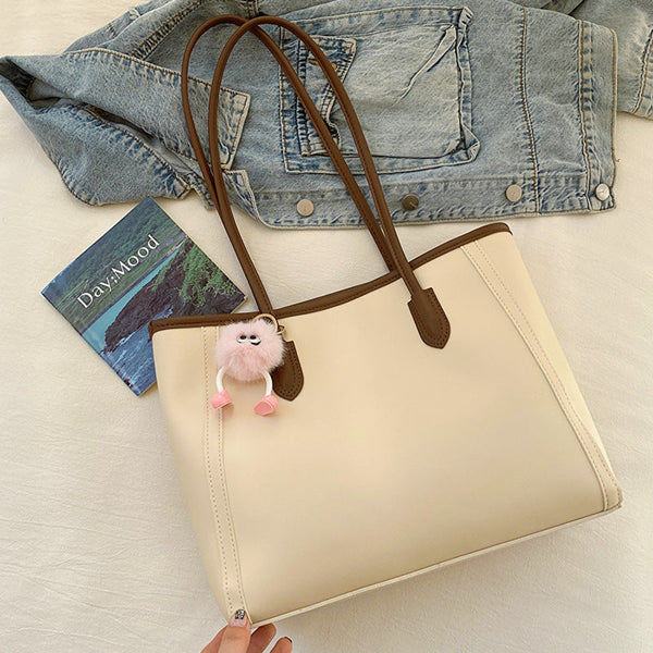 Beige And Brown Chic Large Capacity Tote Bag Pu Leather Commuter Shoulder Handbag For Women Women's Bags & Handbags
