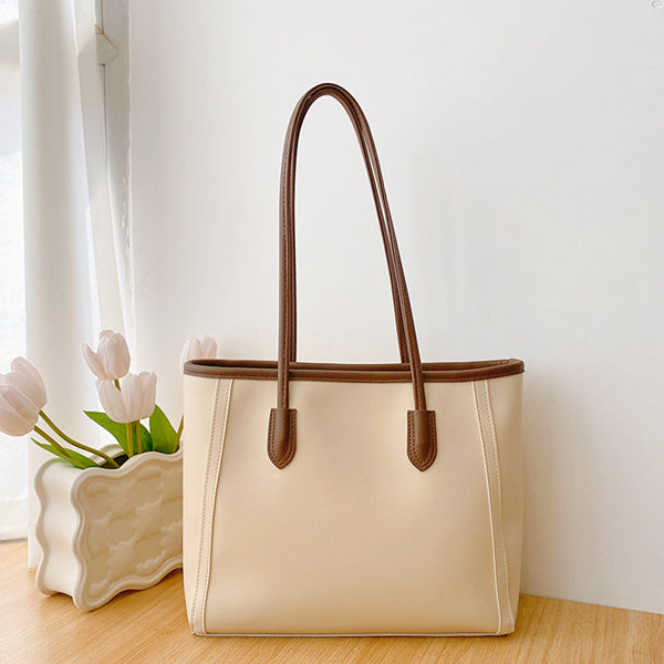 Beige And Brown Chic Large Capacity Tote Bag Pu Leather Commuter Shoulder Handbag For Women Women's Bags & Handbags