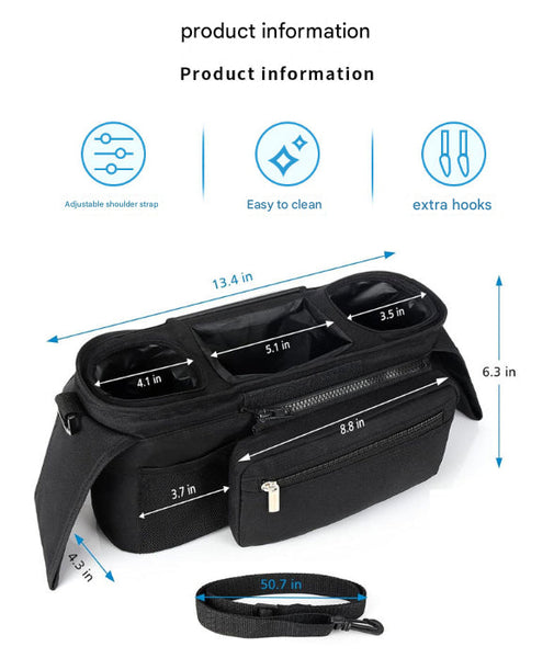 Black Universal Stroller Organiser Caddy With Insulated Cup Holders And Detachable Wristlet Pram Organisers & Nets