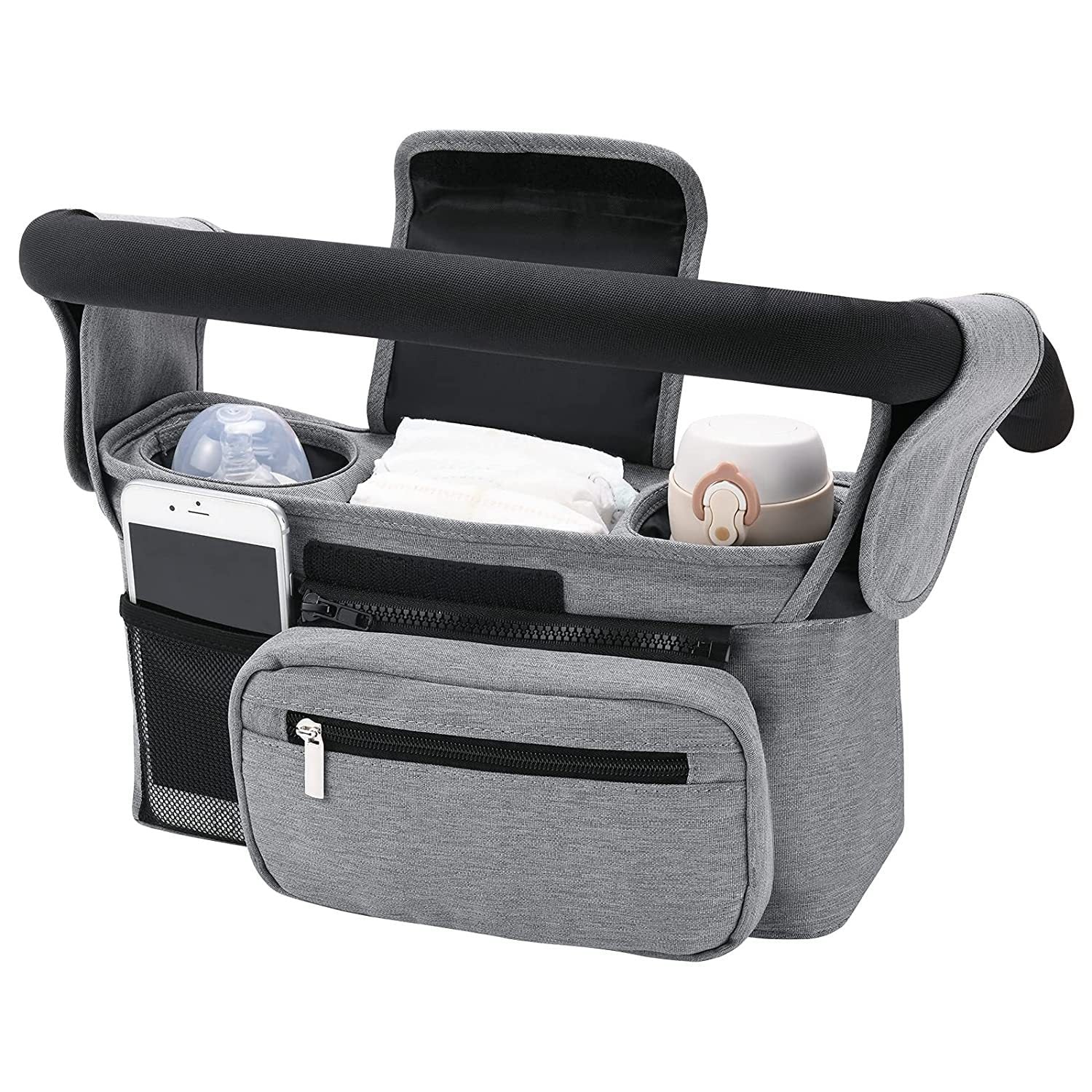 Grey Universal Stroller Organiser Caddy With Insulated Cup Holders And Detachable Wristlet Pram Organisers & Nets